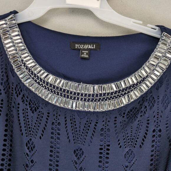 Roz & Ali Navy Cut-Out Lace Overlay Shift Dress Sz 14 Woman Rhinestone Neckline - Picture 7 of 10